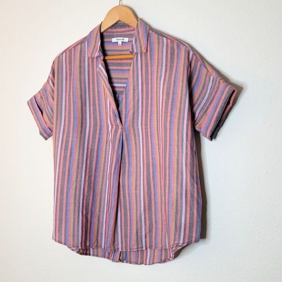 MADEWELL Courier Button Back Rainbow Stripe Boxy V-Neck Shirt size Small - Picture 12 of 12